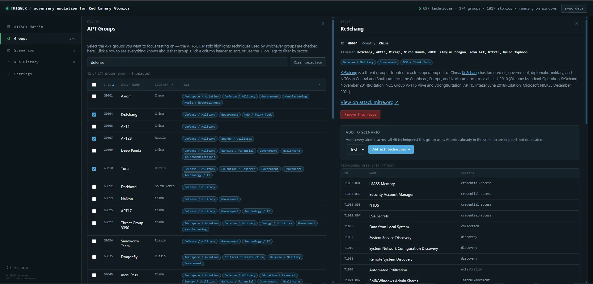 Trigger screenshot: Threat groups